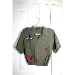 Sojara 'Reworked Vintage' Appliqued Green Crop Camp Shirt sz M/L